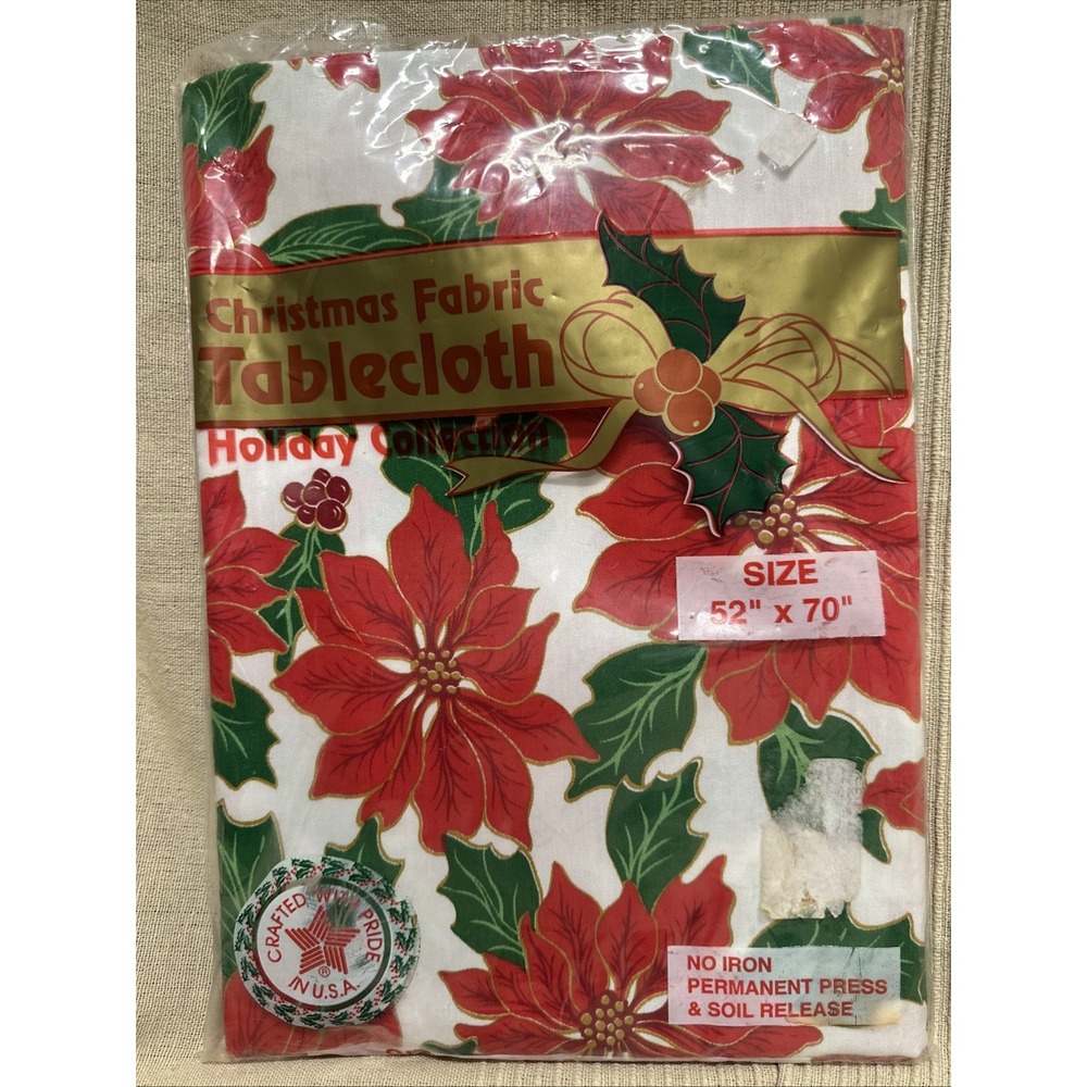 NIP Vintage Christmas Fabric Tablecloth 52x70 Poinsettia Holly Holiday USA NOS